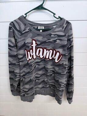 Grey Camo Crewneck Sweater with Script Applique
